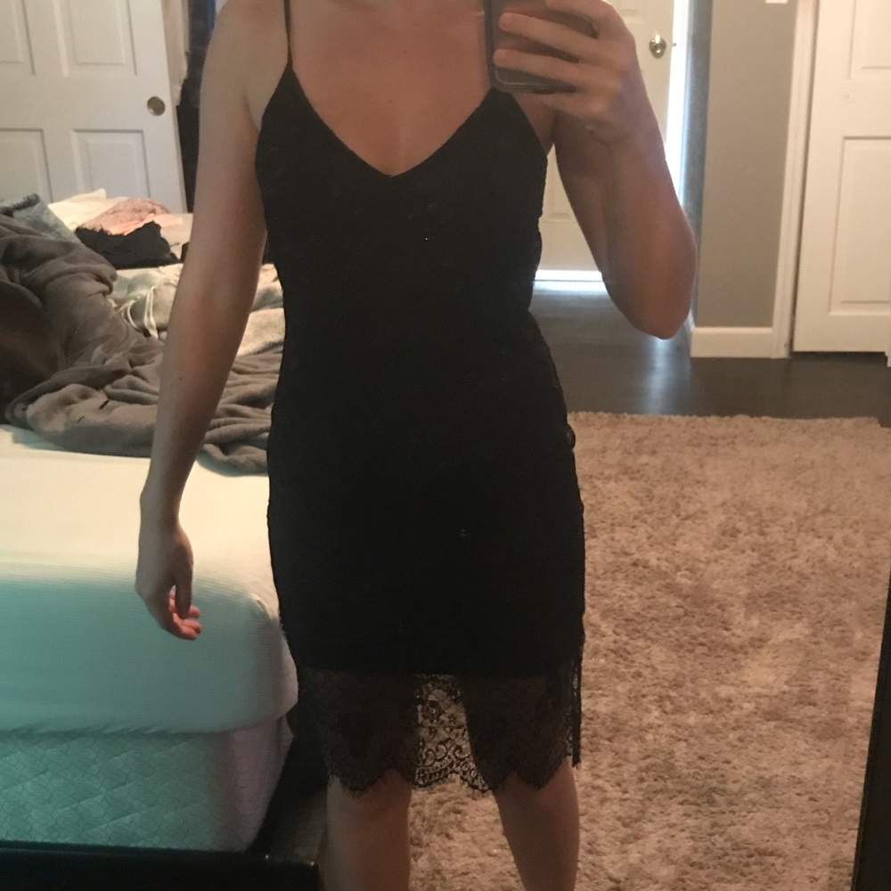 Black lace mini dress with black silk liner